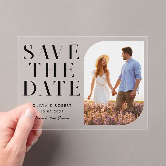 ミニマルモダンリストシック写真結婚式の日付を保存 アクリル招待状 (インサイチュ (ポータブル))