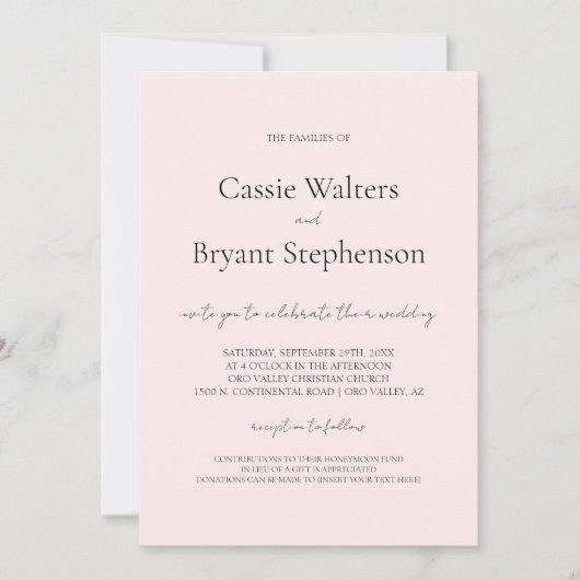 ミニマルモダンリストシック赤面ピンク結婚ズ 招待状 (正面)