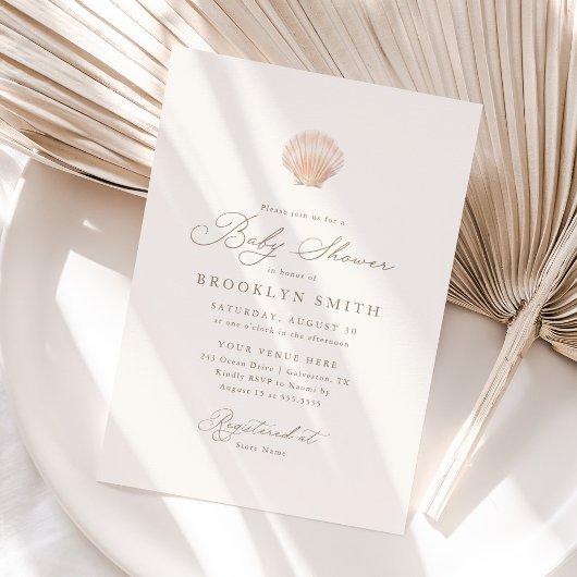 ミニマルモダンリストシーシェルビーチベビーシャワー 招待状