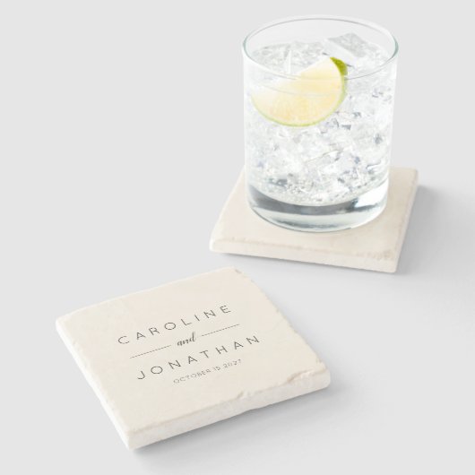 ミニマルモダンリストスクリプトアイボリーカスタムウェディング ストーンコースター (横)