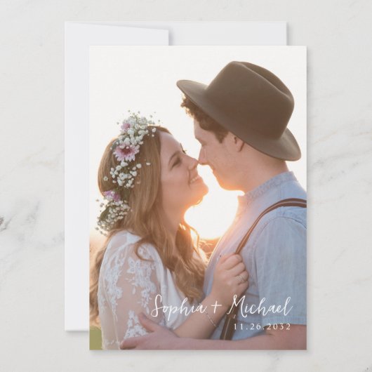 ミニマルモダンリストスクリプトタイポグラフィ結婚写真 招待状 (裏面)