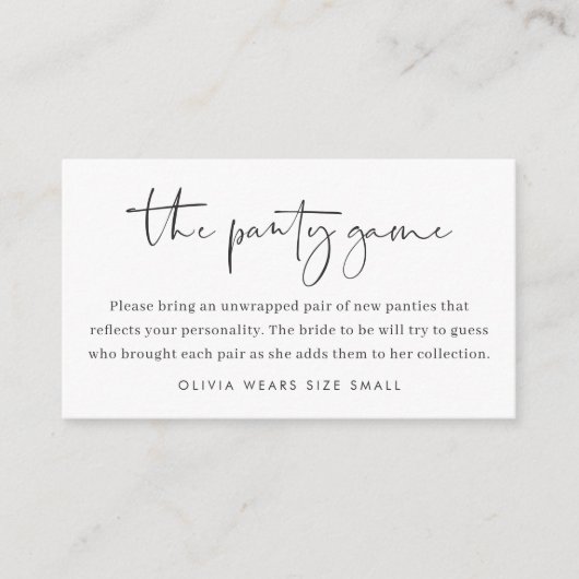 ミニマルモダンリストスクリプトブライダルシャワーパンティーゲーム エンクロージャーカード (正面)