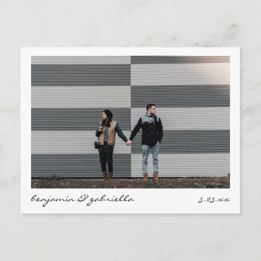 ミニマルモダンリストスクリプトレタリング結婚写真 案内ポストカード (正面)