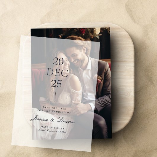 ミニマルモダンリストスクリプト結婚式の日付の保存 ベラム紙招待状