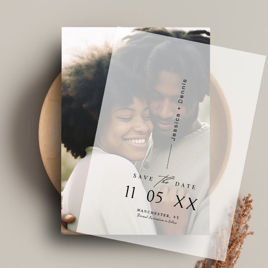 ミニマルモダンリストスクリプト結婚式の日付の保存 ベラム紙招待状