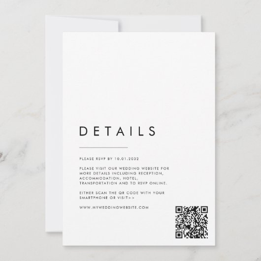 ミニマルモダンリストスクリプト詳細QRコー結婚ド 招待状 (裏面)