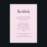 ミニマルモダンリストスクリプト赤面 |の結婚詳細 エンクロージャーカード<br><div class="desc">ミニマエレガントリストの結婚ゲスト情報カードはモダン、スクリプトタイポグラフィとクリーンなsans serif文字を備え、好きな赤面のピンクとブラックのデザインとシンプルに対応スタイリッシュしている。これらのカードは、運転方向、披露宴または交通情報、ホテルまたは宿泊施設の情報、およびゲストが知る必要があるその他の結婚詳細に使用できる。</div>