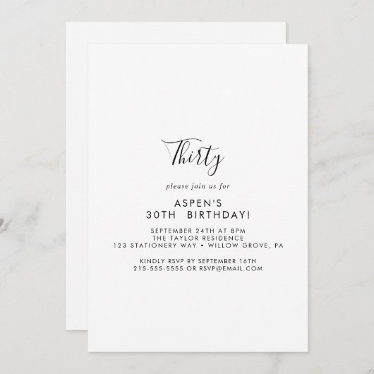ミニマルモダンリストスクリプト30th誕生日招待状 招待状 (正面/裏面)