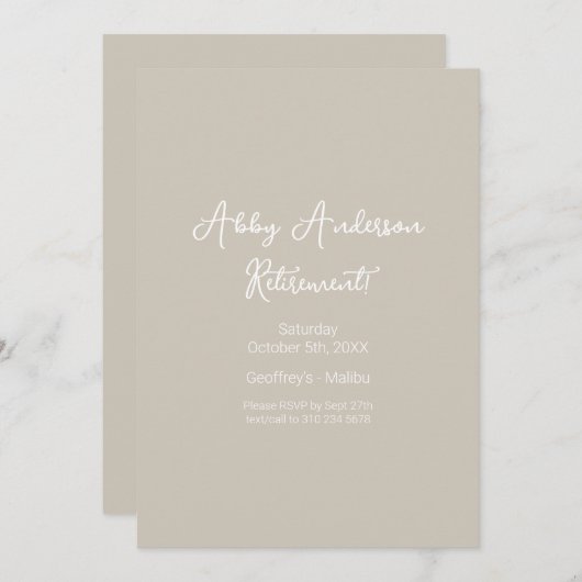 ミニマルモダンリストスクリプト | ベージュ退職 招待状 (正面/裏面)
