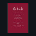 ミニマルモダンリストスクリプト | Burgundyゲスト詳細 エンクロージャーカード<br><div class="desc">ミニマエレガントリストの結婚ゲスト情報カードはモダン、スクリプトタイポグラフィとクリーンなサンセリフの文字を備え、好きなシンプルデザインとバスタイリッシュルガンディなカラーを楽しめる。これらのカードは、運転方向、披露宴または交通情報、ホテルまたは宿泊施設の情報、およびゲストが知る必要があるその他の結婚詳細に使用できる。</div>