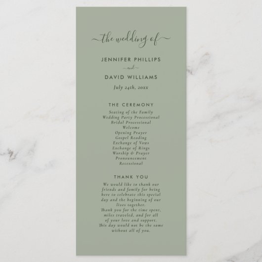 ミニマルモダンリストセージグリーン結婚式 プログラム (正面)