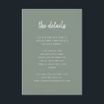 ミニマルモダンリストセージグリーン |詳細 エンクロージャーカード<br><div class="desc">これらのエレガントミニマル結婚リストのゲスト情報カードはモダン、スクリプトタイポグラフィとクリーンなsans serif文字を備えシンプルて、あなたが好きになるスタイリッシュとセージの緑と白のデザイン。これらのカードは、運転方向、披露宴または交通情報、ホテルまたは宿泊施設の情報、およびゲストが知る必要があるその他の結婚詳細に使用できる。</div>