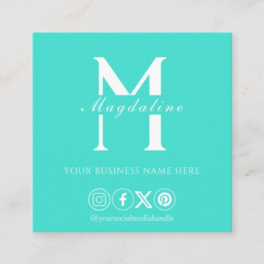 ミニマルモダンリストソーシャルメディアQRコードターコイズ スクエア名刺 (正面)