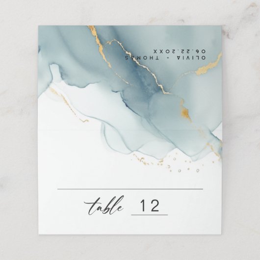 ミニマルモダンリストダスティブルースクリプトビーチ結婚式 プレイスカード (外部開封)