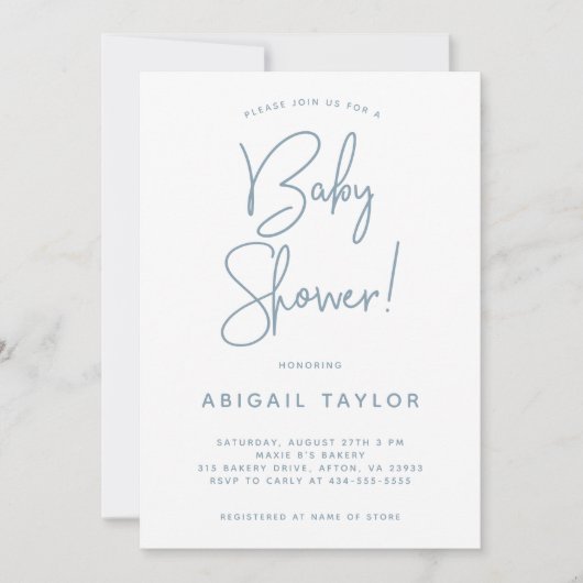 ミニマルモダンリストダスティブルーベビーシャワー 招待状 (正面)