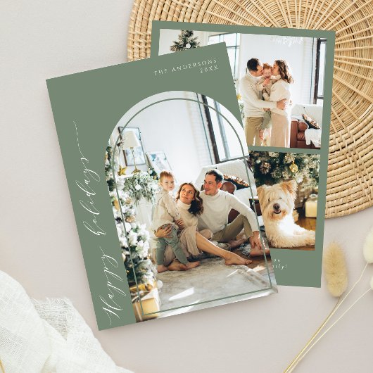 ミニマルモダンリストハッピーホリデーズフォトセージ シーズンカード