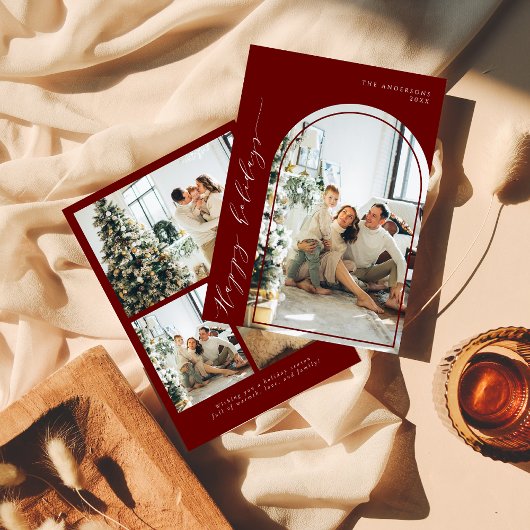 ミニマルモダンリストハッピーホリデーズフォトレッド シーズンカード