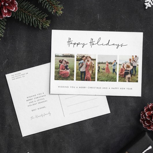 ミニマルモダンリストハッピーホリデー4フォトコラージュ シーズンポストカード