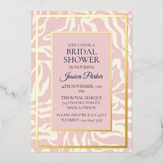 ミニマルモダンリストパステルピンクブライダルシャワー 箔招待状 (正面)