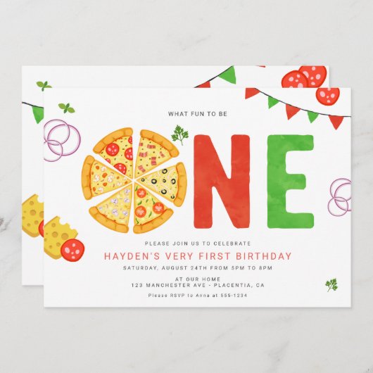 ミニマルモダンリストピザパーティーファースト誕生日 招待状 (正面/裏面)
