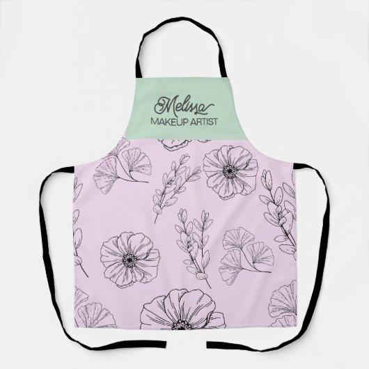 ミニマルモダンリストピンクグリーンフローラ線パターン エプロン (正面)