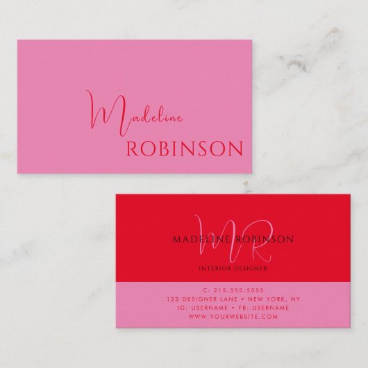ミニマルモダンリストピンク赤スクリプト 名刺 (正面/裏面)