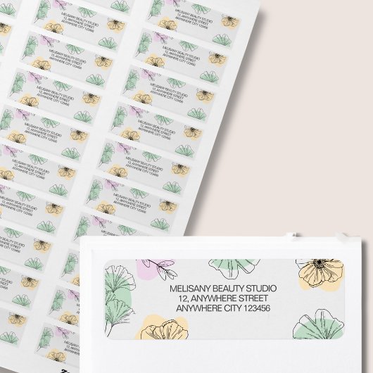 ミニマルモダンリストピンク金ゴールドグリーンフローララインアート ラベル