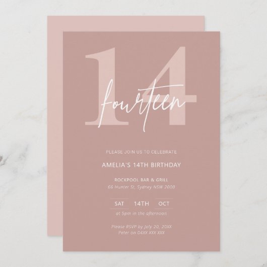 ミニマルモダンリストピンク14th誕生日パーティー 招待状 (正面/裏面)