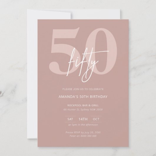 ミニマルモダンリストピンク50th誕生日パーティー 招待状 (正面)