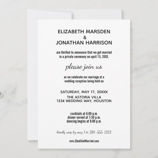 ミニマルモダンリストフォトたった今結婚しました披露宴 招待状 (裏面)