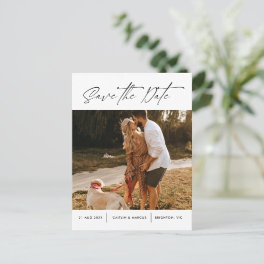ミニマルモダンリストフォトウェディング日付の投稿を保存 シーズンポストカード (スタンド正面)