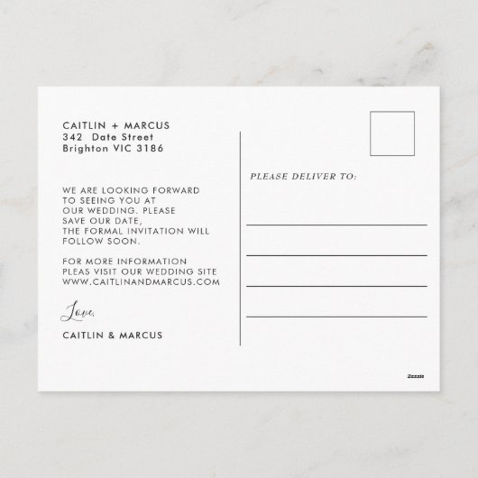 ミニマルモダンリストフォトウェディング日付の投稿を保存 シーズンポストカード (裏面)