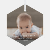 ミニマルモダンリストフォトオーバーレイ白文字六角形 ガラスオーナメント (裏面)