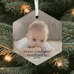 ミニマルモダンリストフォトオーバーレイ黒文字六角形 ガラスオーナメント<br><div class="desc">祝シンプルオーナメント写真の六角ガラスカスタムで休日の喜び。このテンプレートの写真と全ての文字はカスタマイズ、メリークリスマス、マイ最初のクリスマス、友最高の人、子供と家族の名前などのあらゆる言葉を含む簡単である（画像配置のヒント：写真を中心に正確にあなたがZazzleのウェブサイトにアップロードする前にそれを切り抜く方法）。 ミニマモダンリストの白黒デザインは、お好みの1つの写真とエレガントヴィンテージスタイルタイポグラフィ名&年を備えている。この記念ユニーク品はクリスマスの家スタイリッシュの装飾にtouchを加える。メリークリスマス!</div>