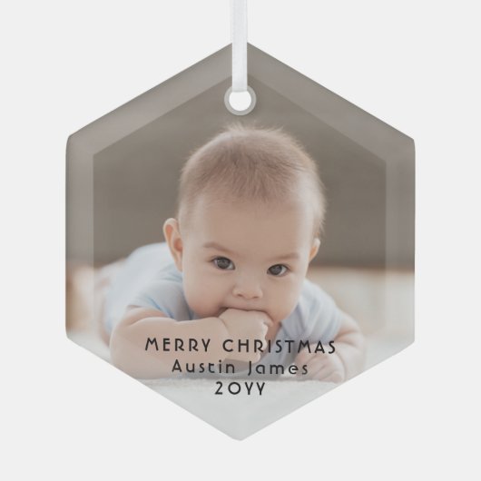 ミニマルモダンリストフォトオーバーレイ黒文字六角形 ガラスオーナメント (正面)