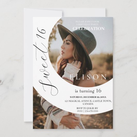 ミニマルモダンリストフォトスクリプトSweet 16誕生日 招待状 (正面)