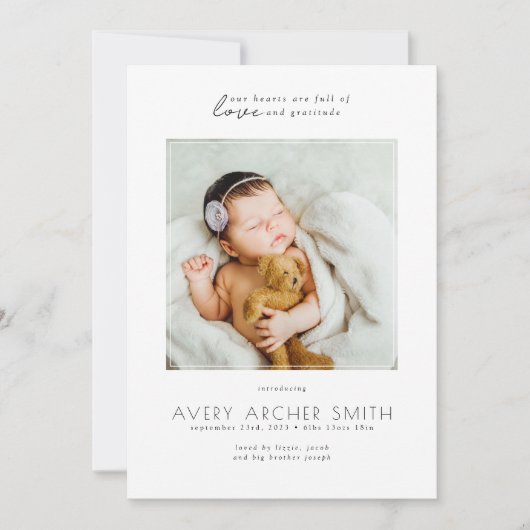 ミニマルモダンリストフォトベビー誕生 案内状 (正面)