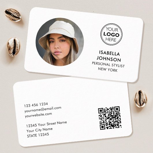 ミニマルモダンリストフォトロゴQRコードホワイト 名刺