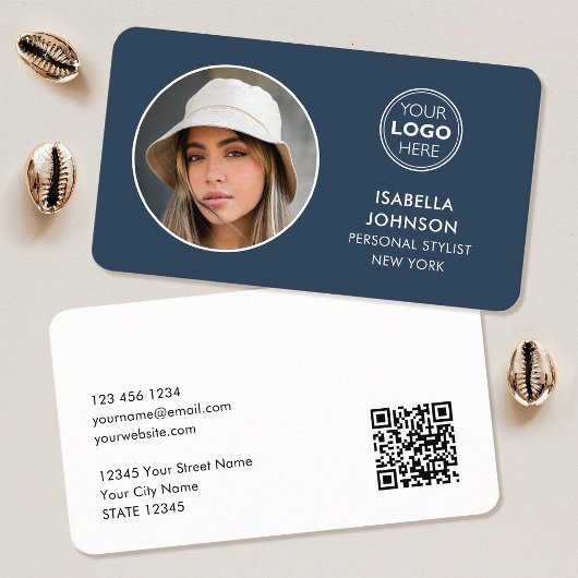 ミニマルモダンリストフォトロゴQRコード石板ブルー 名刺