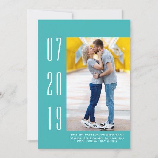 ミニマルモダンリストフォト日付の保存 |ティール（緑がかった色） セーブザデート (正面)