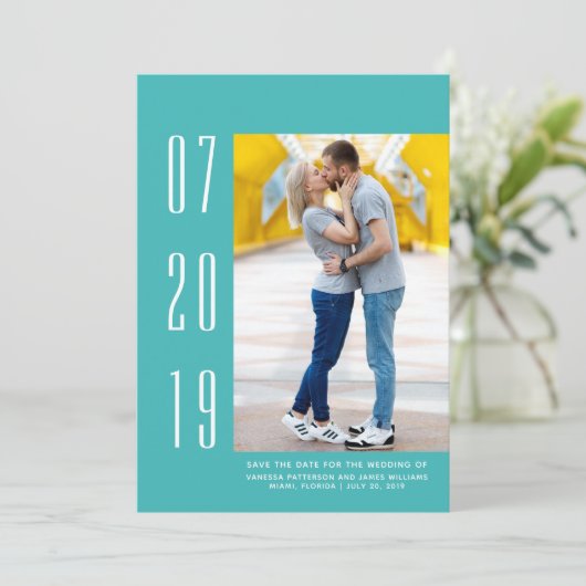 ミニマルモダンリストフォト日付の保存 |ティール（緑がかった色） セーブザデート (スタンド正面)