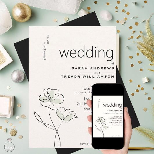 ミニマルモダンリストフローラミュートセージとバフ 招待状