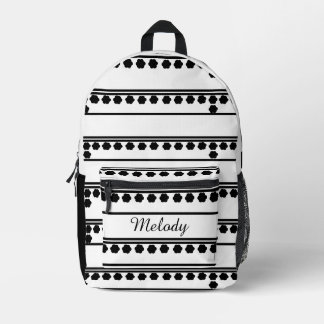ミニマルモダンリストブラックとホワイトのレトロフローラ プリントバックパック