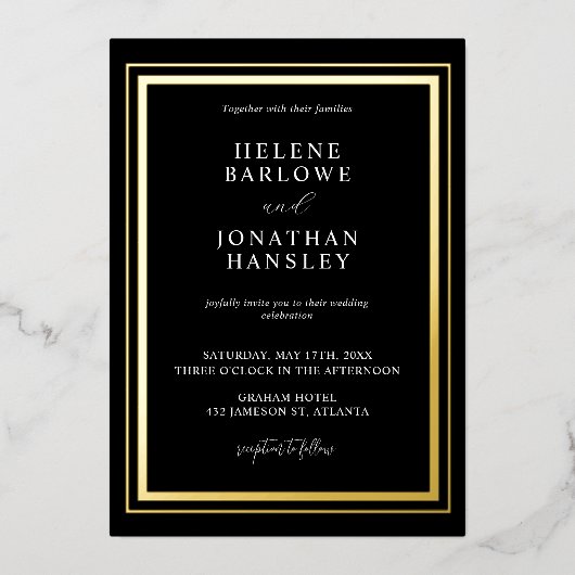 ミニマルモダンリストブラックと金ゴールドエレガントな結婚式 箔招待状 (正面)
