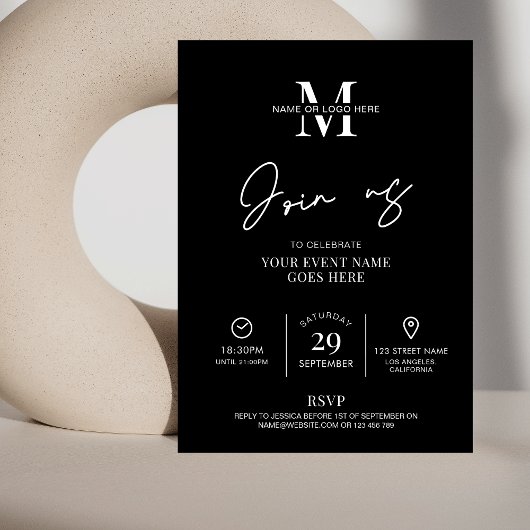 ミニマルモダンリストブラックカンファレンスビジネスイベント 招待状