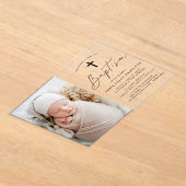 ミニマルモダンリストブラックスクリプトフォトバプテスマ アクリル招待状 (レイダウン)