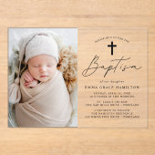 ミニマルモダンリストブラックスクリプトフォトバプテスマ アクリル招待状 (正面)