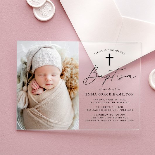 ミニマルモダンリストブラックスクリプトフォトバプテスマ アクリル招待状