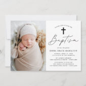 ミニマルモダンリストブラックスクリプトフォトバプテスマ 招待状 (正面)