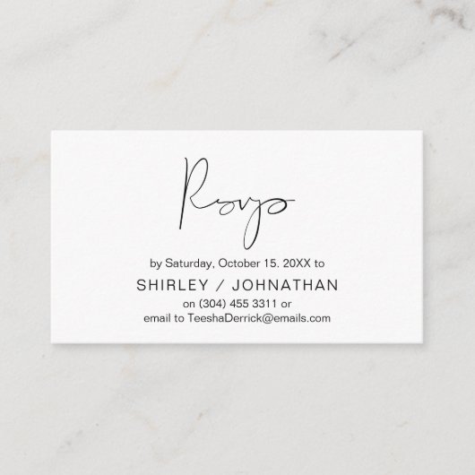 ミニマルモダンリストブラックスクリプト、ウェディングRSVP エンクロージャーカード (正面)